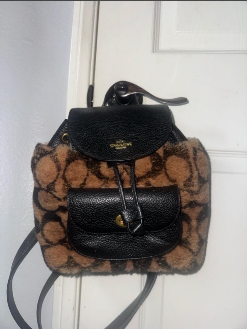 Coach Black Leather & Brown Signature Shearling Mini Backpack